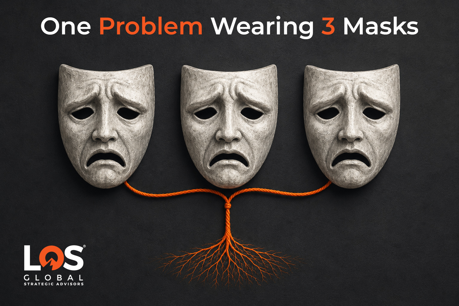 3 masks, each with a different expression on tied together with an orange rope