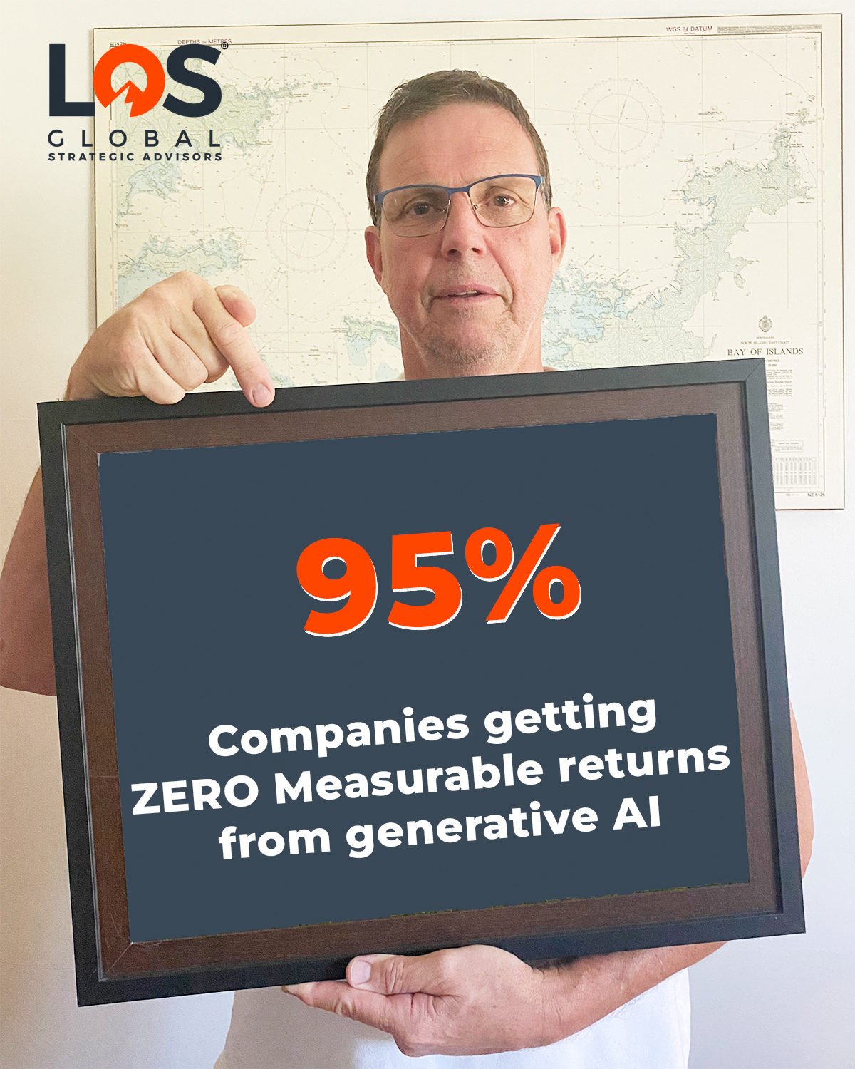 Man holding a board with 95% written on it